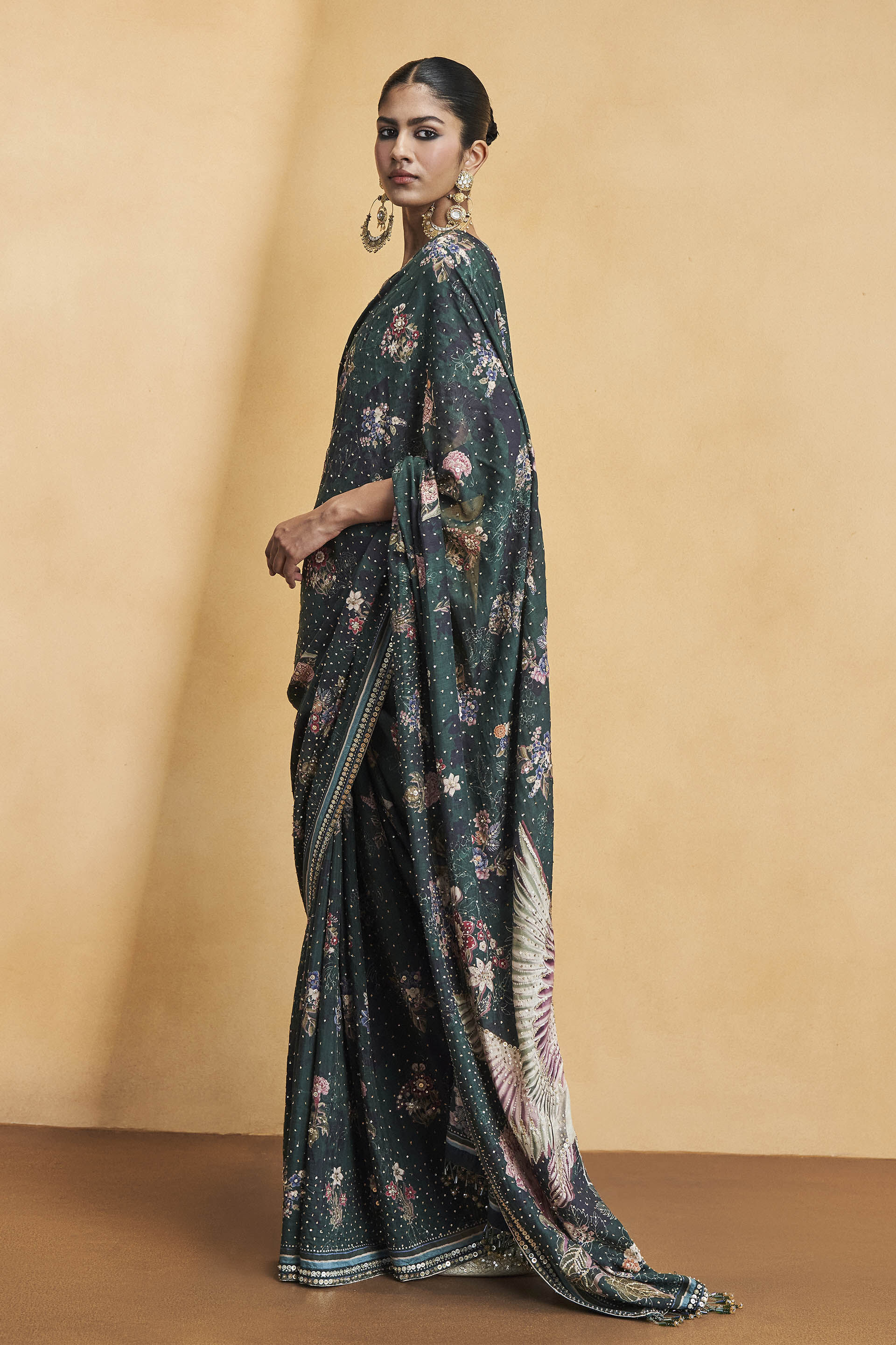 Flamingos In Flight Zardozi Embroidered Saree - Green, Green, image 2